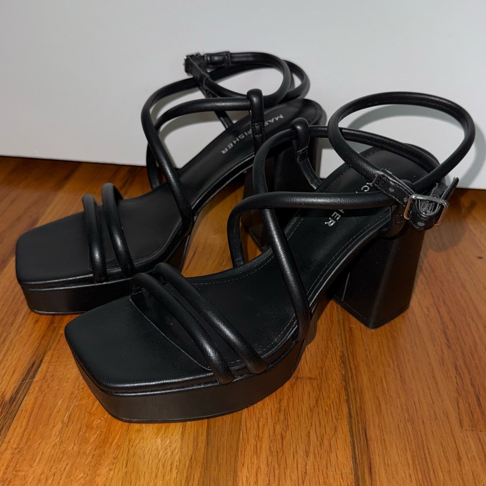 Marc Fisher Black Strappy Square-Toe Block Heels